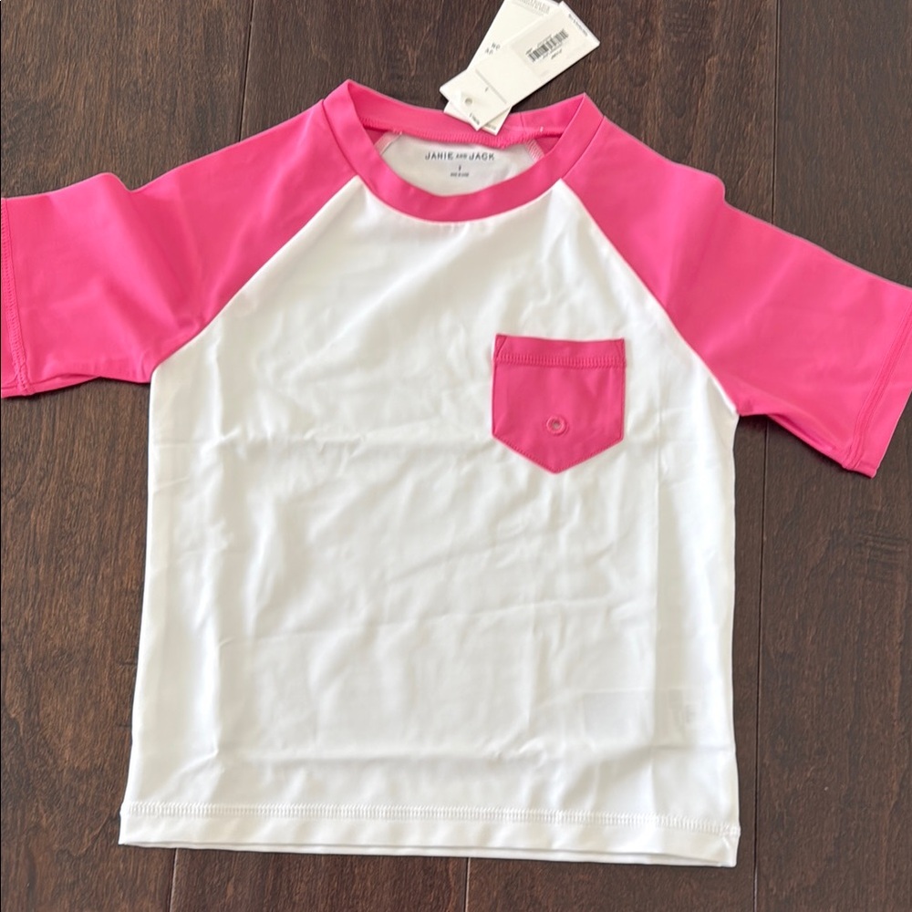 NWT Janie and Jack Toddler Boys Pink and White Raglan Swim Rashguard shirt!